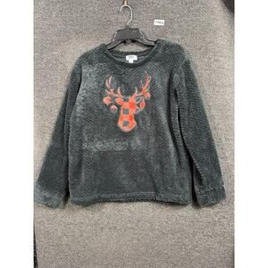 NYC Sweatshirt Womens Size L Gray Fleece Reindeer Buffalo Plaid Holiday
